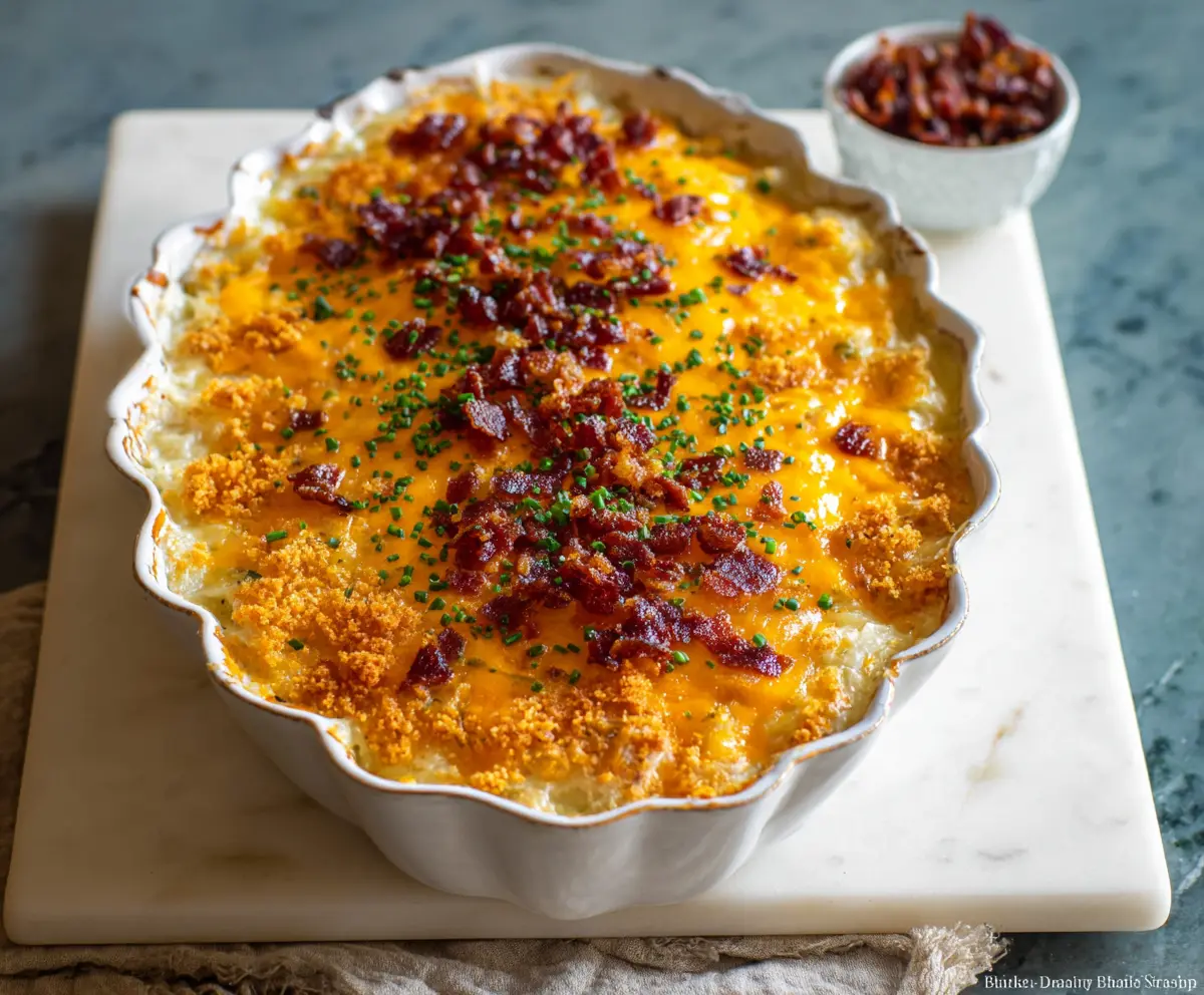 Delicious Cheesy Ranch Potato Casserole topped with melted cheese and herbs