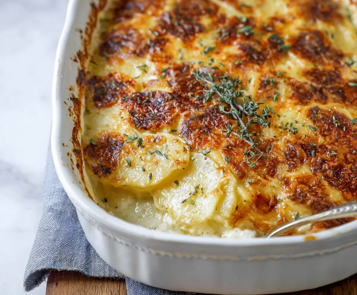 Delicious cheesy scalloped potatoes bake with golden melted cheese on top.
