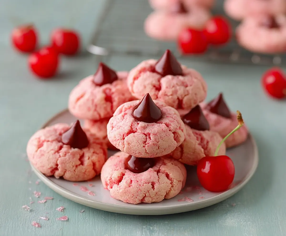 Delicious Cherry Kiss Cookies with a cherry topping and chocolate drizzle on a white plate.