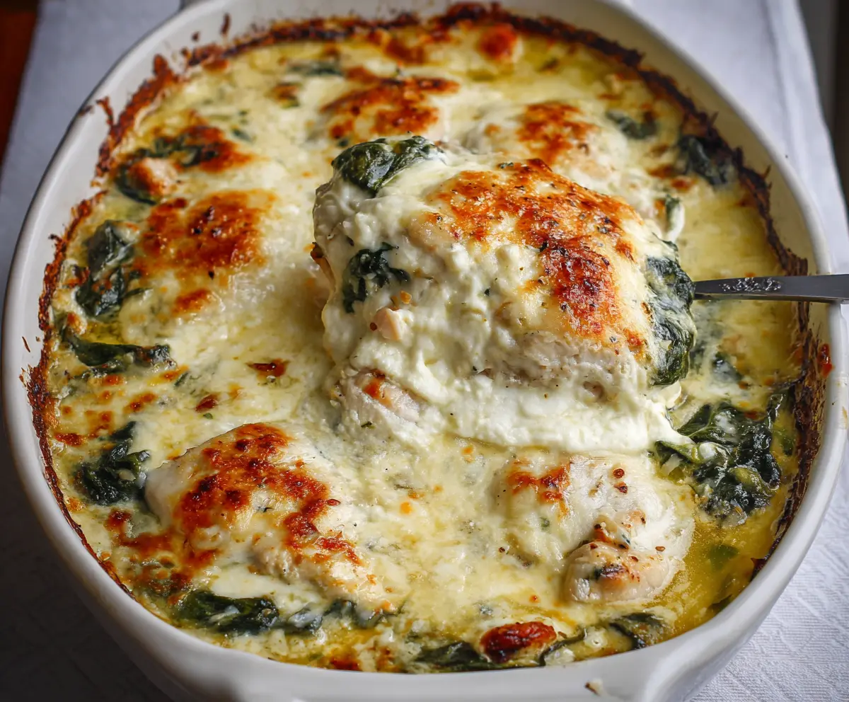 Delicious chicken and spinach casserole topped with creamy cheese for a hearty dinner