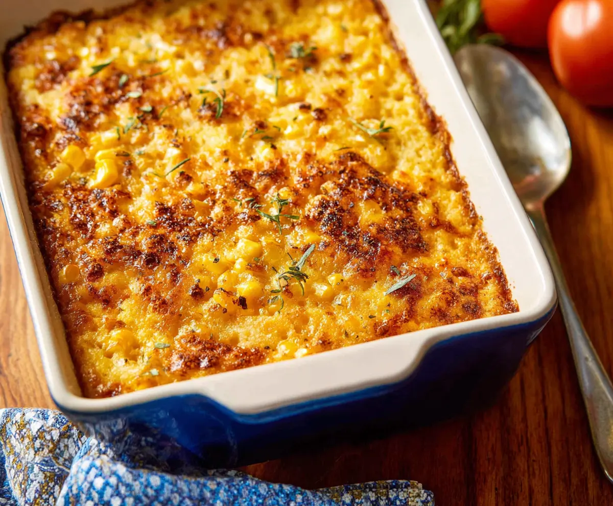 Delicious corn casserole served in a baking dish with golden top, perfect for a comforting meal.