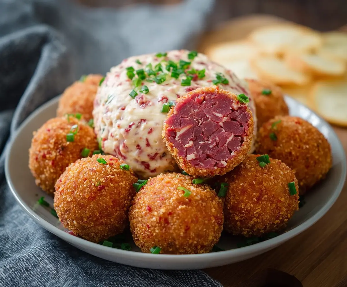 Delicious homemade Corned Beef and Cheese Balls served on a platter, perfect for appetizers.