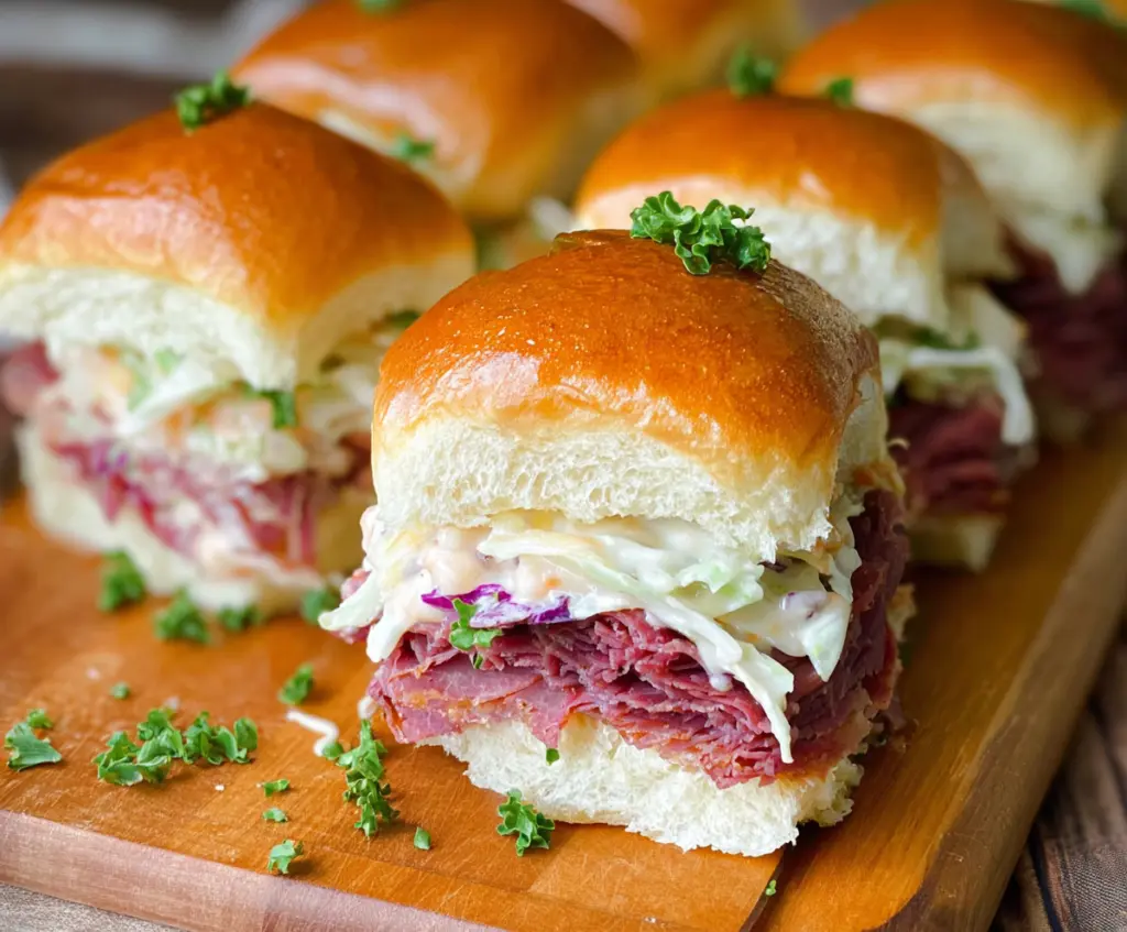 Delicious Corned Beef Sliders with melted cheese and toasted buns, perfect for parties and gatherings.