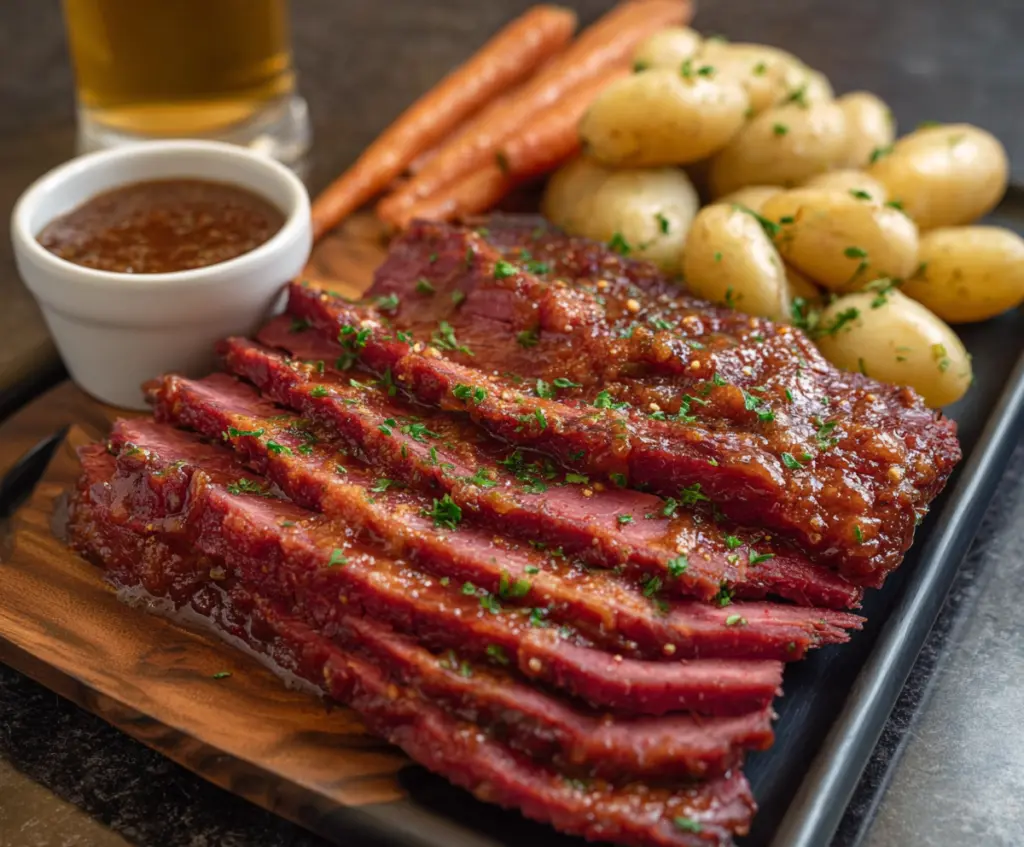 Delicious Corned Beef with Beer Glaze served with vegetables on a plate.