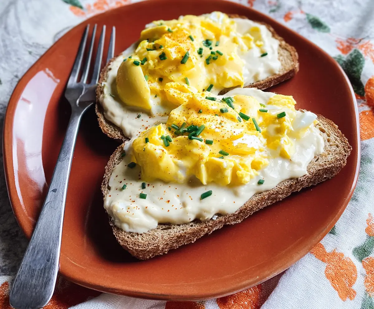 Creamed eggs served on toasted bread for a hearty breakfast.