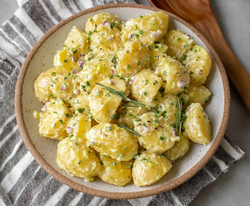 Creamy mustard potatoes served on a plate with herbs, perfect for a flavorful side dish.