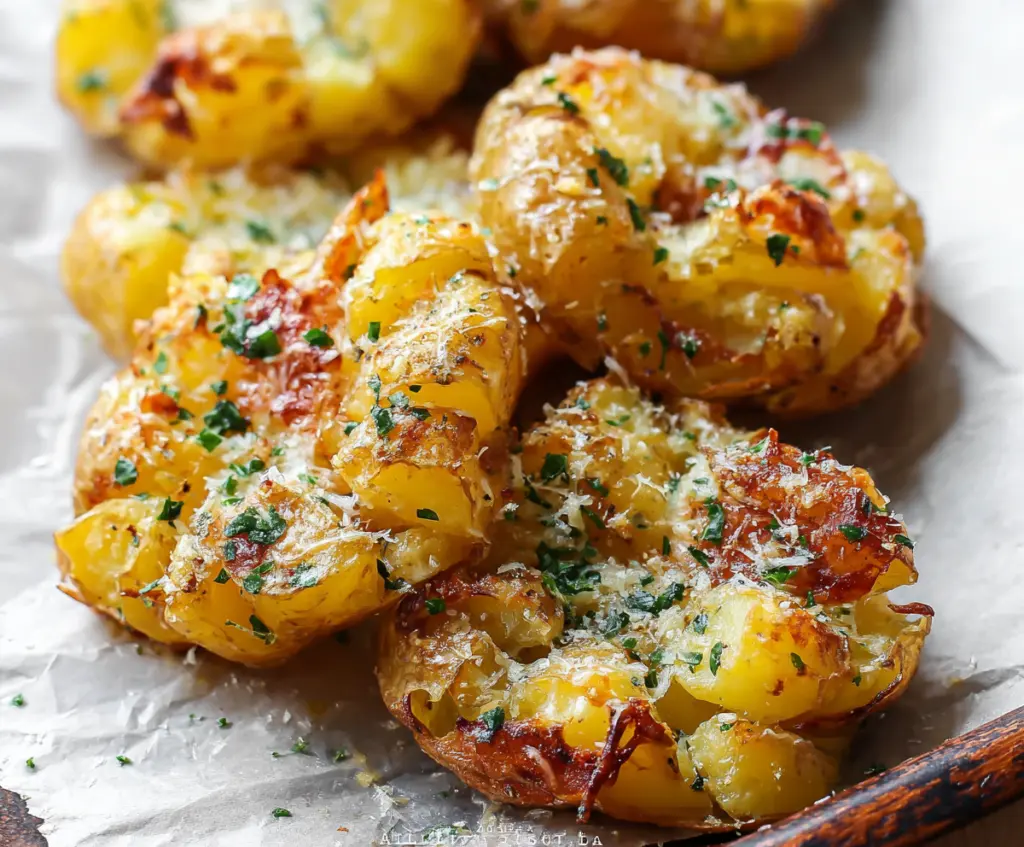 Crispy garlic butter parmesan smashed potatoes served on a plate garnished with herbs.