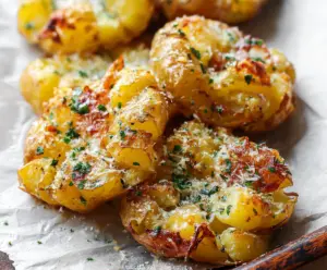 Crispy garlic butter parmesan smashed potatoes served on a plate garnished with herbs.