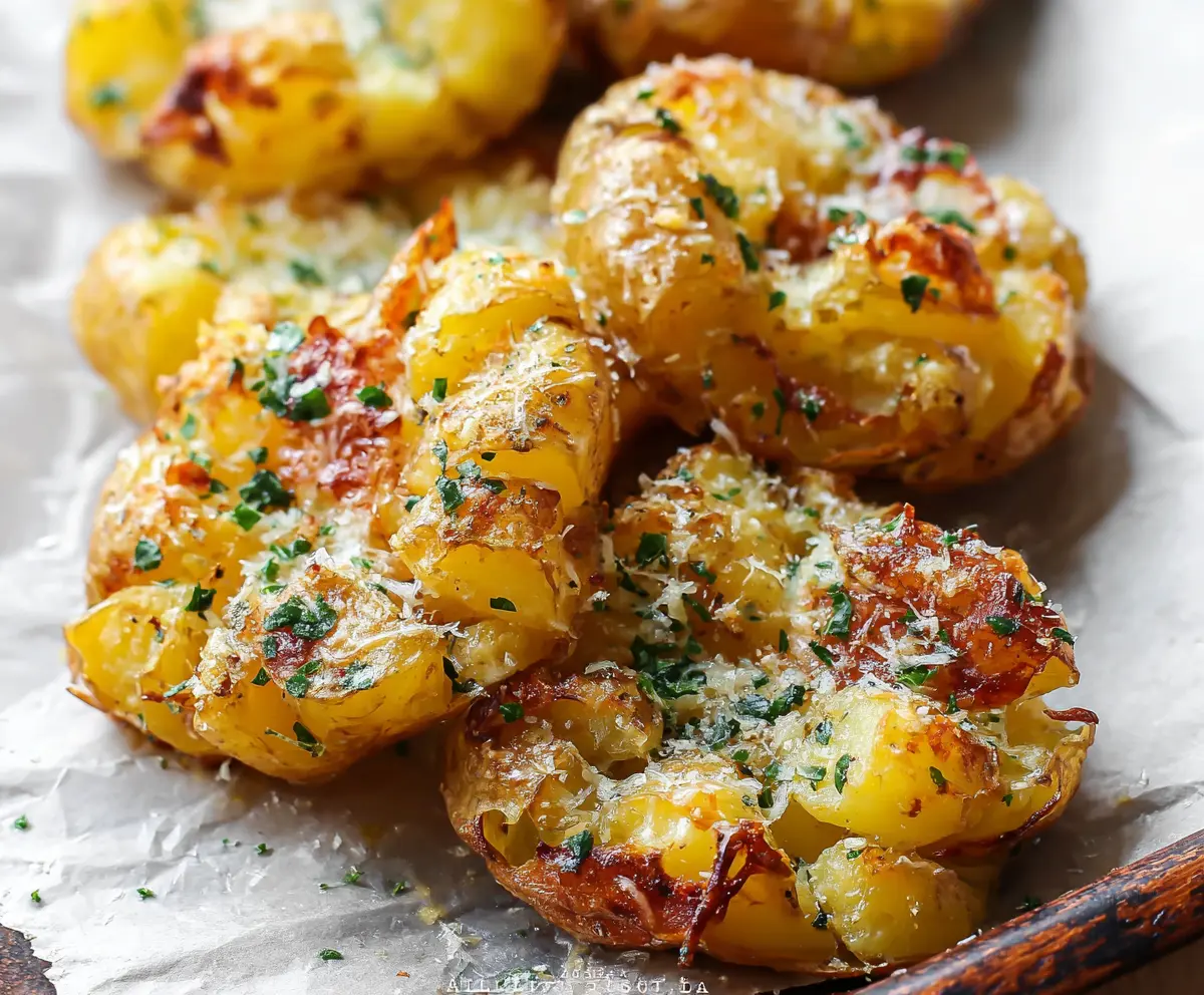 Crispy garlic butter parmesan smashed potatoes served on a plate garnished with herbs.