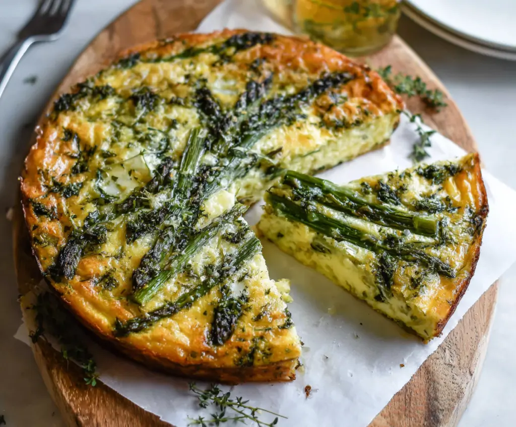 Delicious crustless asparagus quiche garnished with fresh herbs on a white plate.