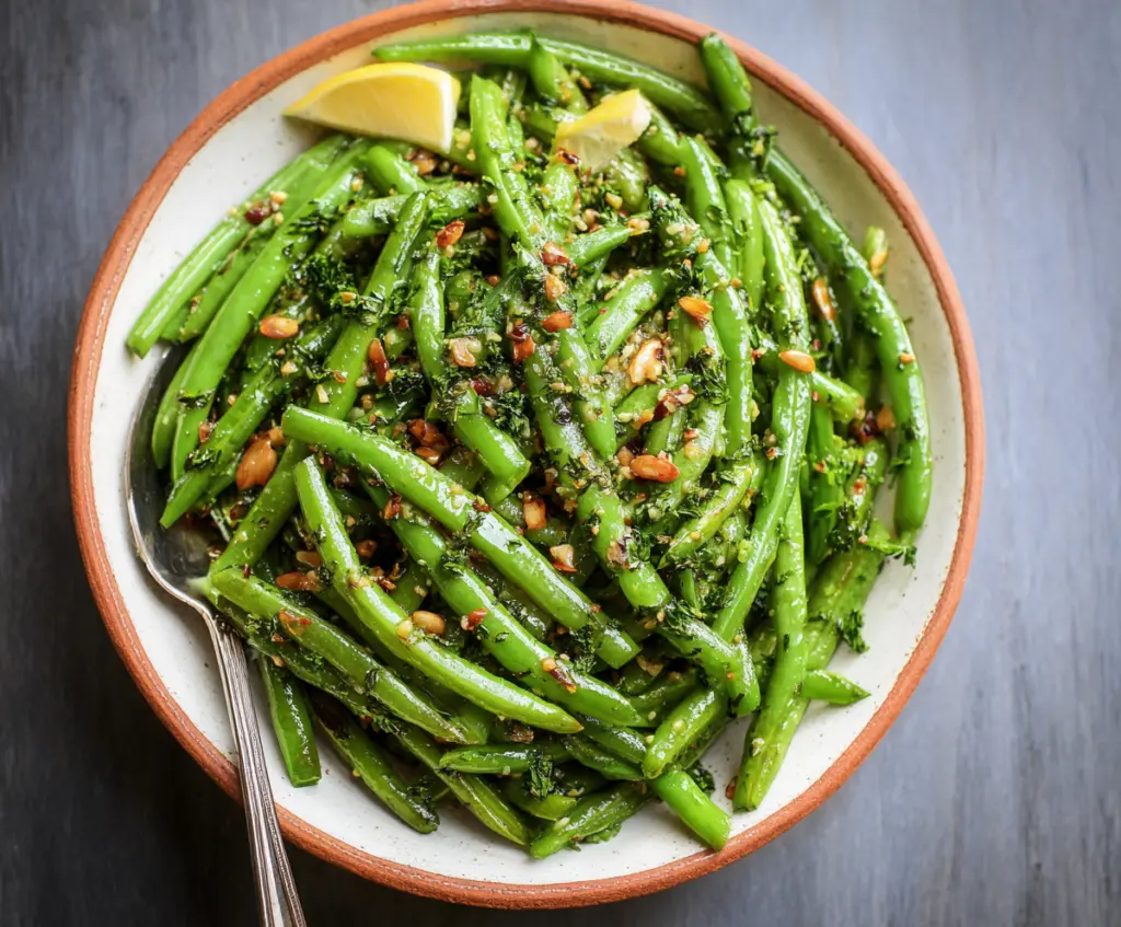 Fresh Dijon Green Beans with garlic and herbs on a white plate, perfect for healthy side dishes.