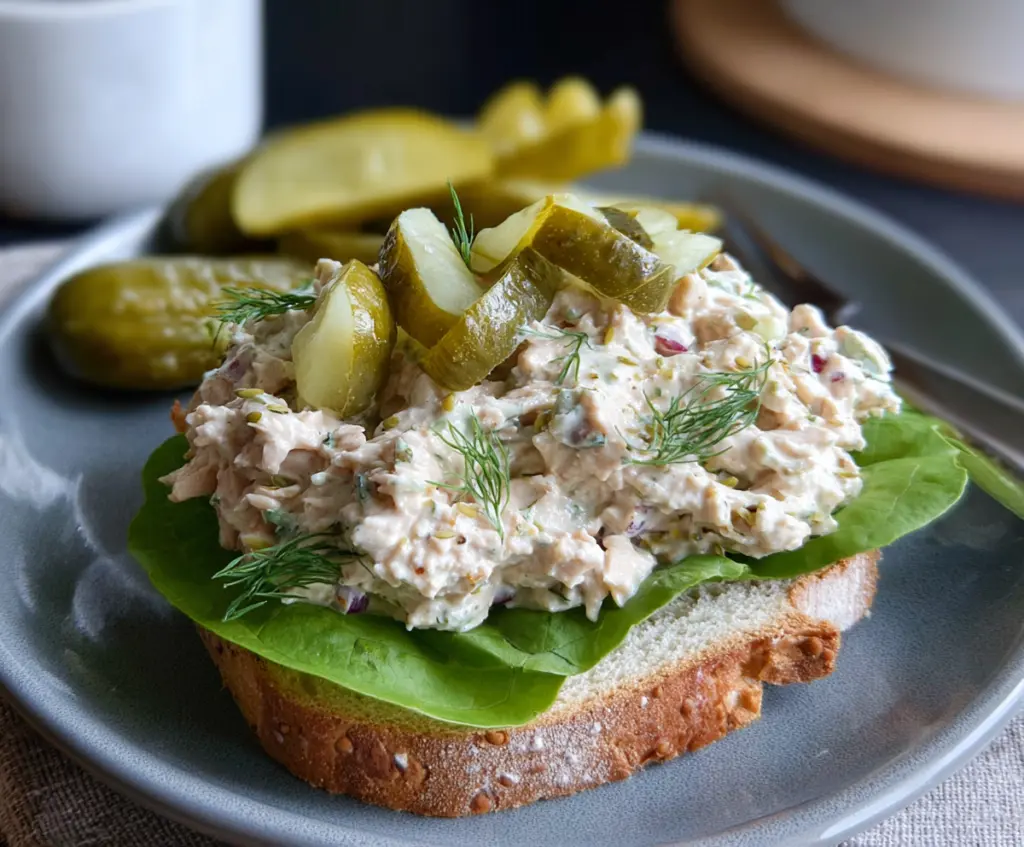 Creamy Dill Pickle Tuna Salad in a white bowl with fresh dill garnish