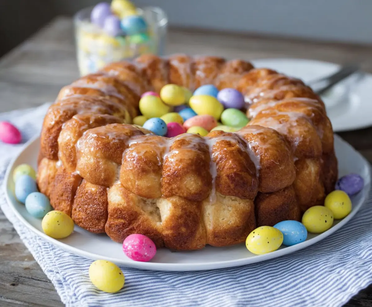 Delicious Easter Brunch Monkey Bread topped with glaze and colorful sprinkles, perfect for festive mornings.