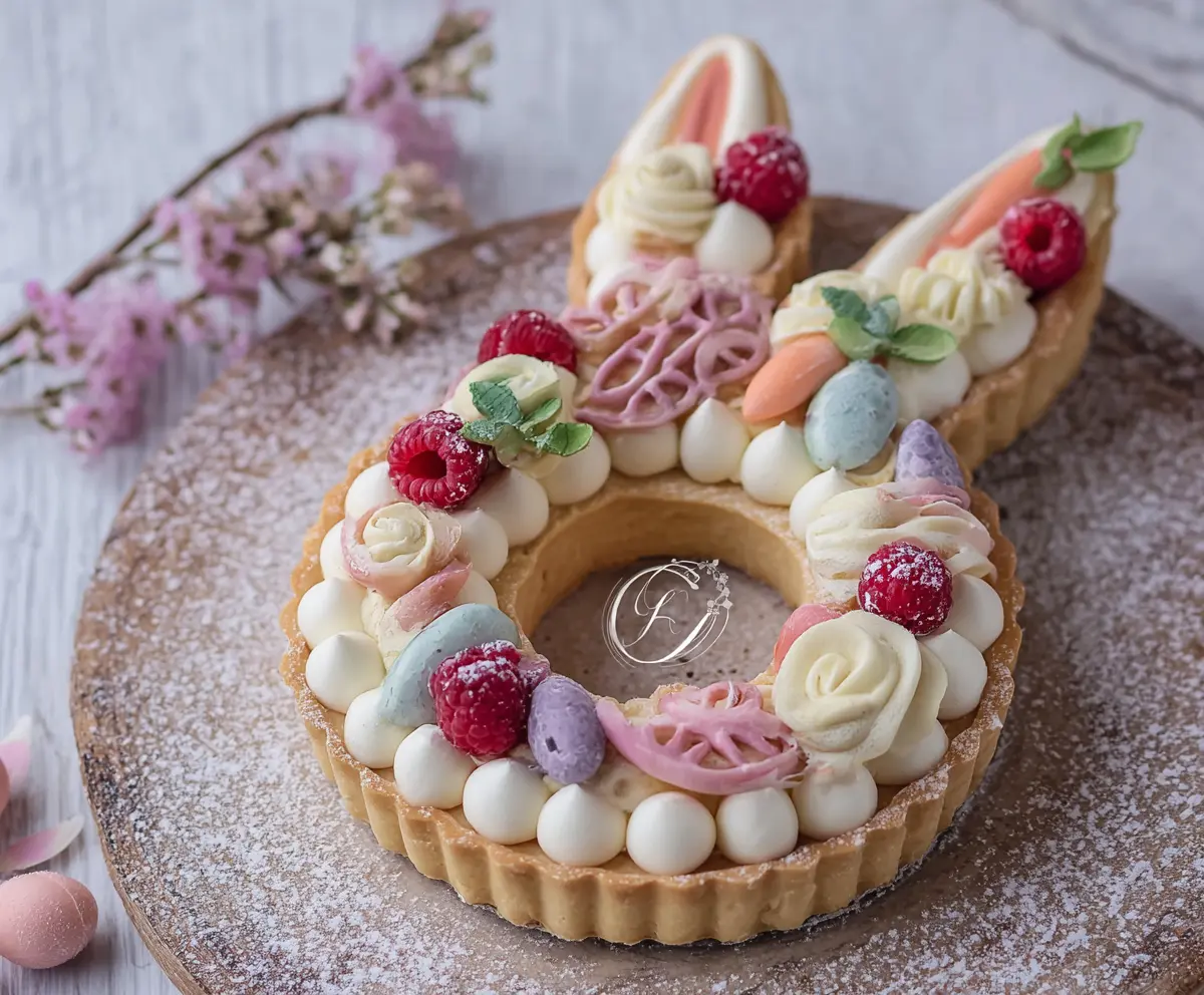 Easter Bunny Cream Tart with colorful decorations and creamy filling, perfect for spring celebrations.