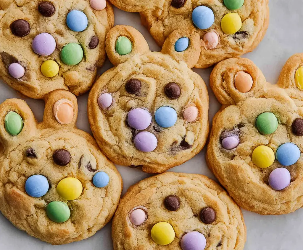 Delicious Easter Bunny M&M's Cookies with colorful candies and festive decorations