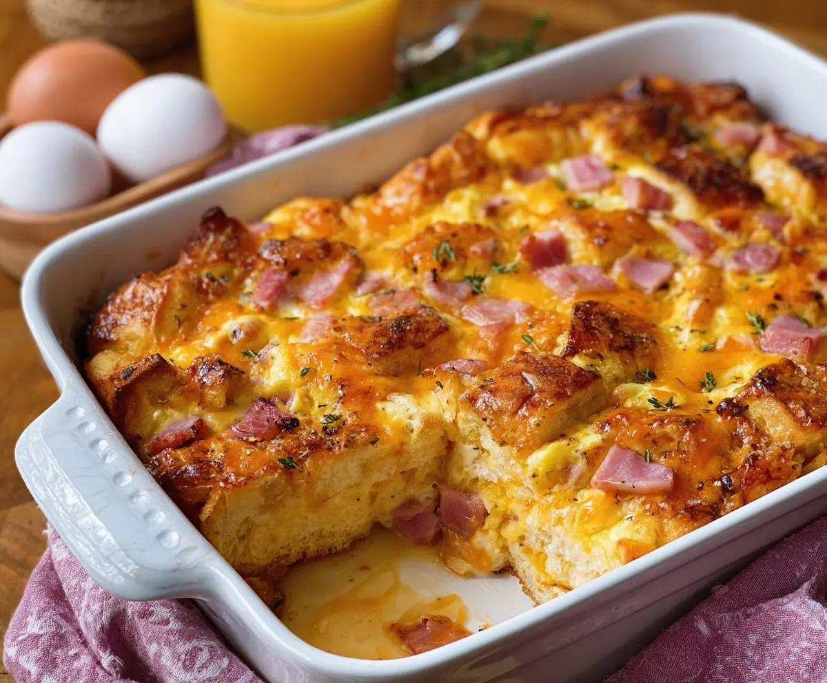 Delicious Easter cheesy ham and egg casserole topped with melted cheese and fresh herbs.