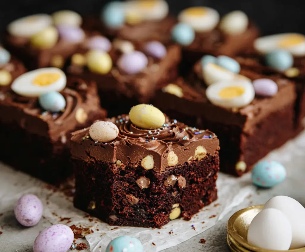 Delicious Frosted Mini Egg Easter Brownies with colorful toppings for a festive treat.