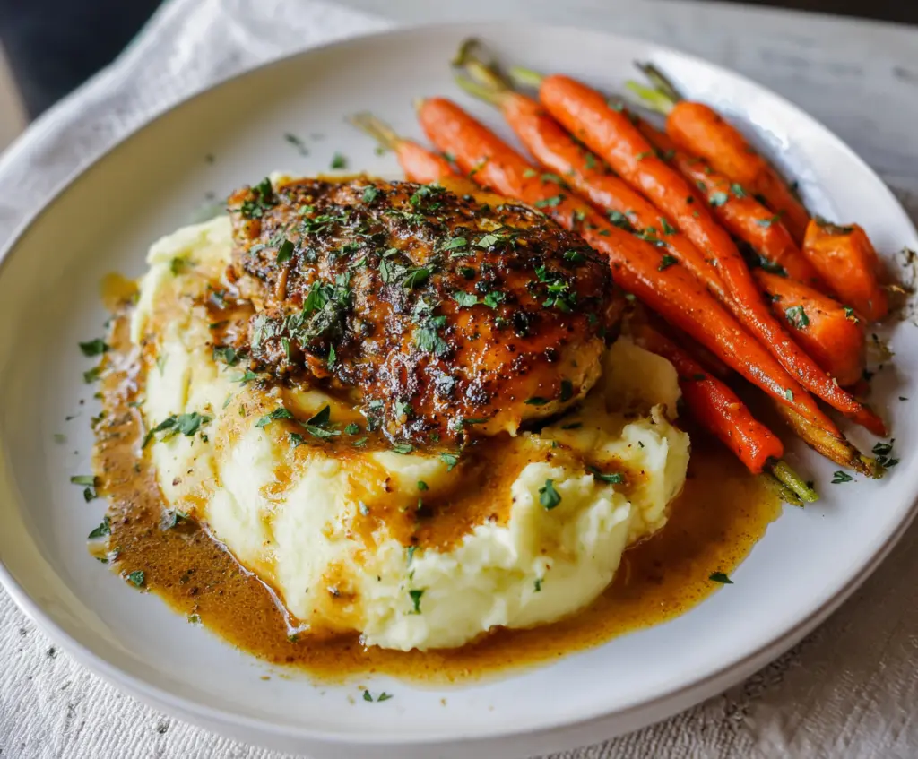 Juicy garlic herb chicken served with creamy mashed potatoes and glazed carrots on a dinner plate.