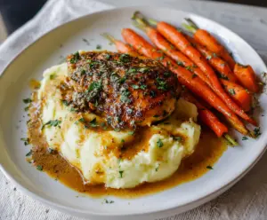Juicy garlic herb chicken served with creamy mashed potatoes and glazed carrots on a dinner plate.