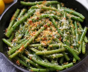 Delicious Garlic Parmesan Green Beans garnished with fresh herbs on a plate.