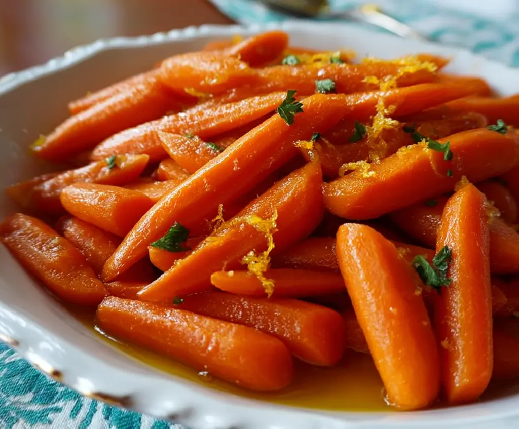Delicious glazed carrots with orange and ginger on a plate, vibrant and fresh side dish.
