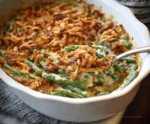 Delicious homemade Green Bean Casserole with crispy fried onions and fresh green beans served on a white plate.