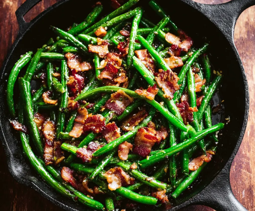 Delicious green beans cooked with crispy bacon for a flavorful side dish.