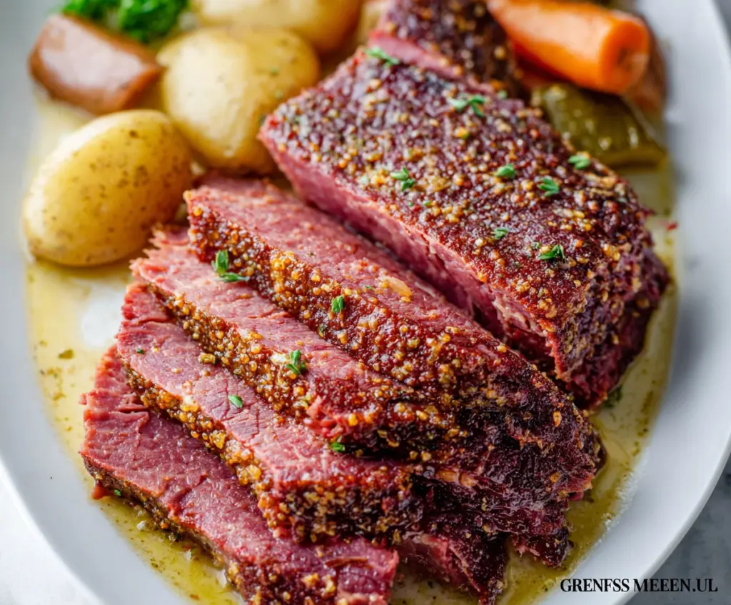 Delicious Guinness Braised Corned Beef served with vegetables on a rustic plate.