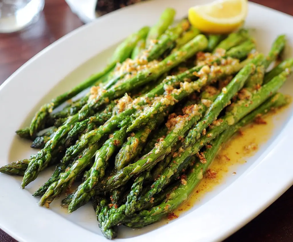 Delicious honey mustard glazed asparagus served on a white plate.