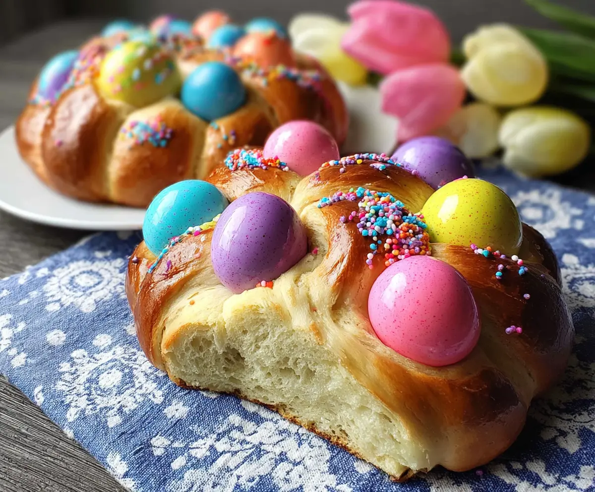 Delicious Italian Easter bread adorned with vibrant, colorful eggs for a festive celebration.
