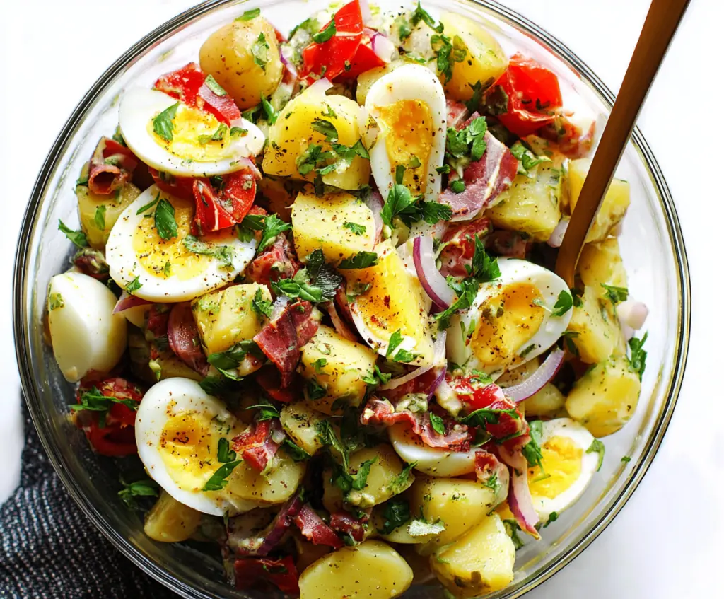Traditional Italian Easter Potato Salad with fresh herbs and colorful ingredients