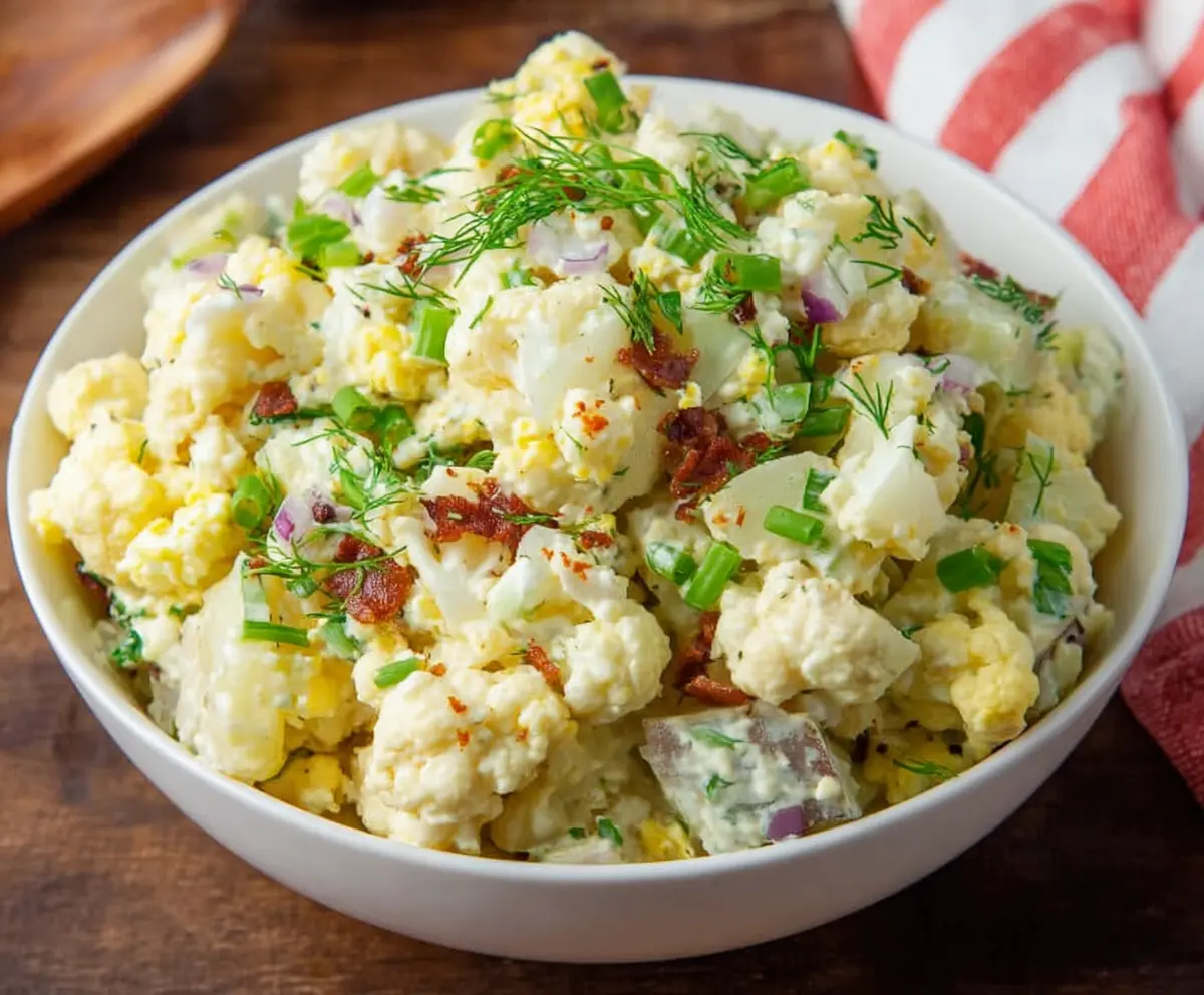 Delicious keto cauliflower potato salad with fresh herbs and creamy dressing