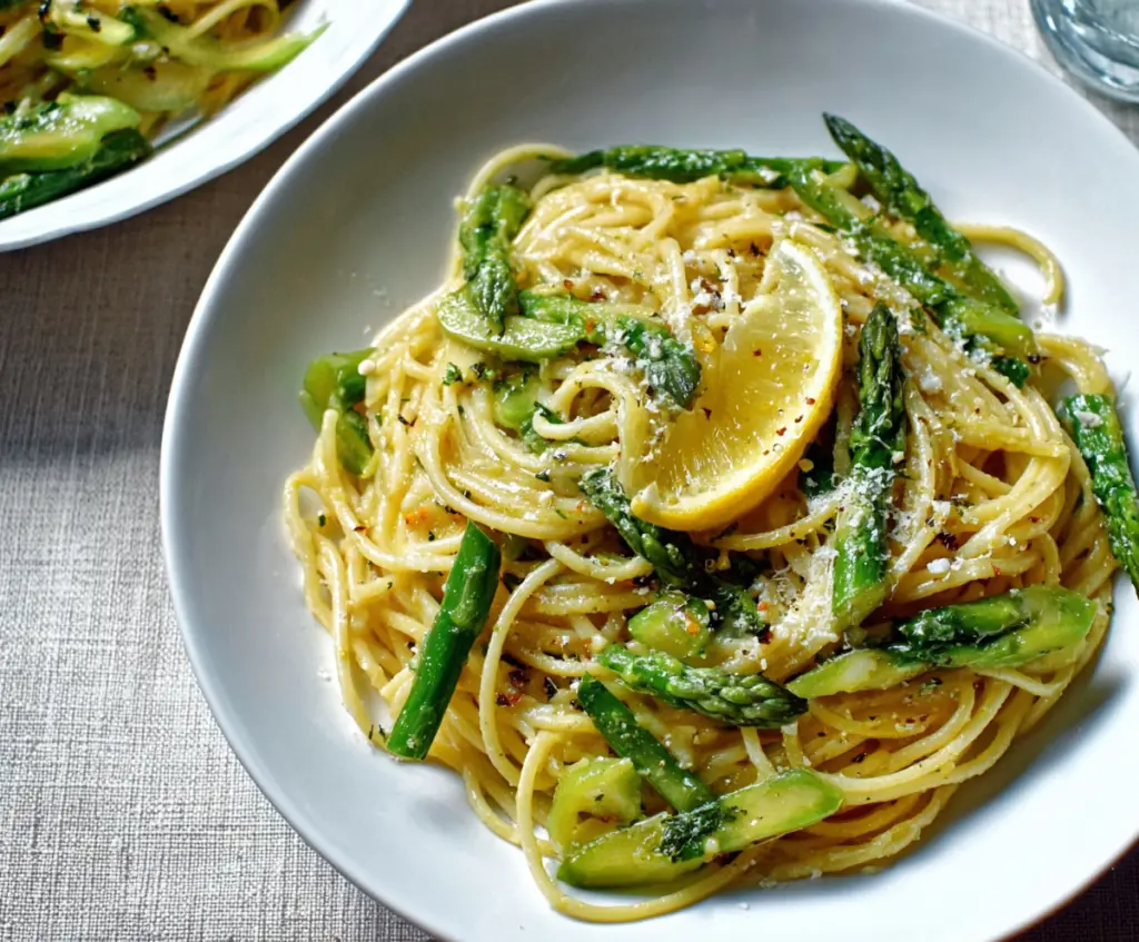 Delicious Lemon Asparagus Pasta served on a white plate garnished with fresh herbs