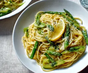 Delicious Lemon Asparagus Pasta served on a white plate garnished with fresh herbs