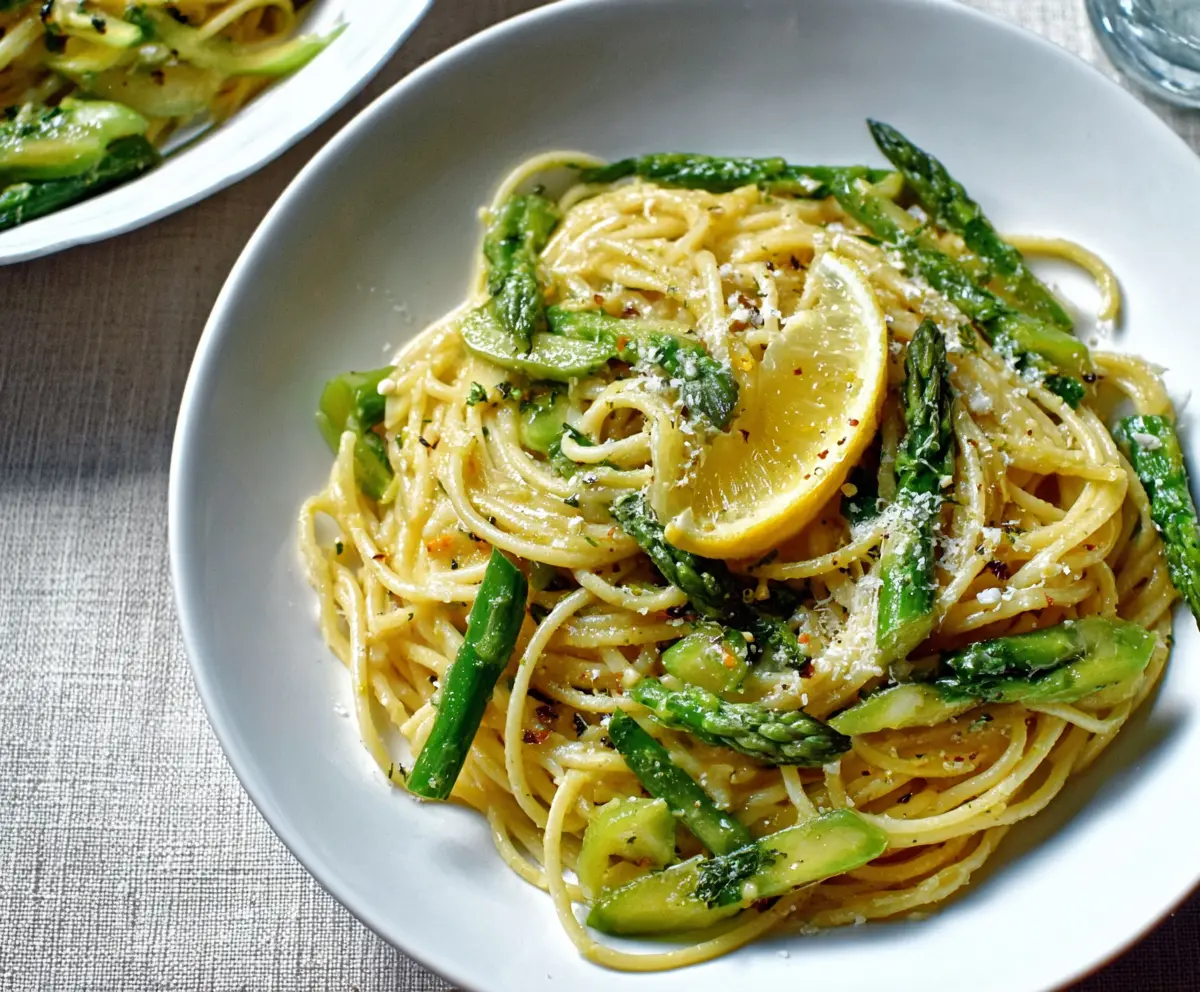 Delicious Lemon Asparagus Pasta served on a white plate garnished with fresh herbs