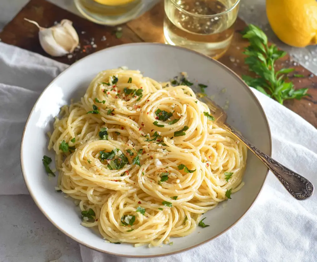 Creamy lemon butter garlic pasta served on a plate, garnished with fresh herbs