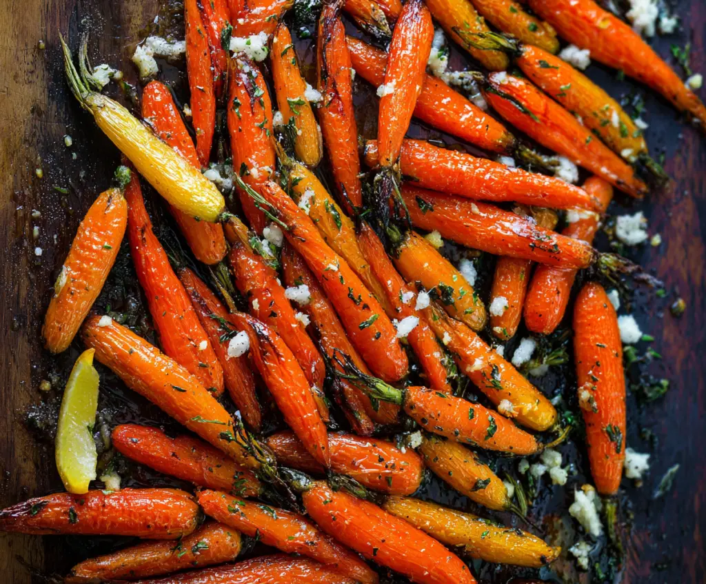 Roasted carrots glazed with lemon and Dijon mustard on a serving platter