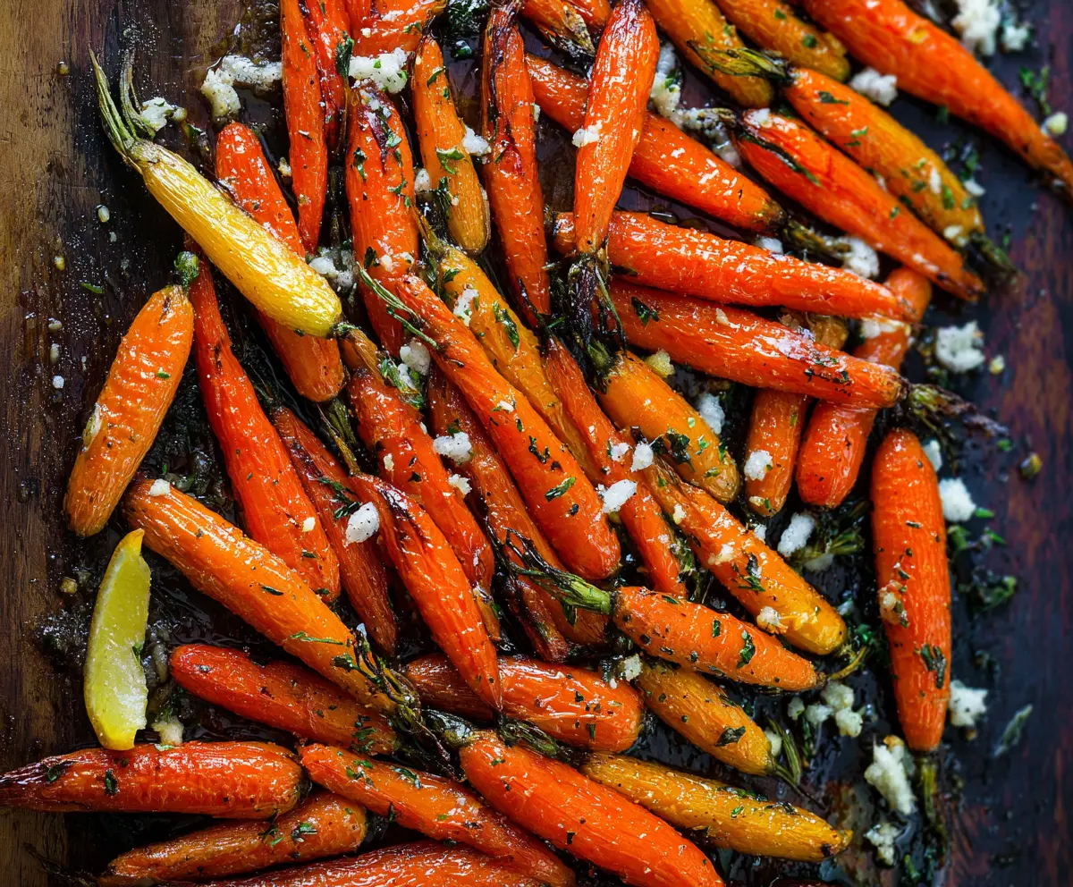 Roasted carrots glazed with lemon and Dijon mustard on a serving platter