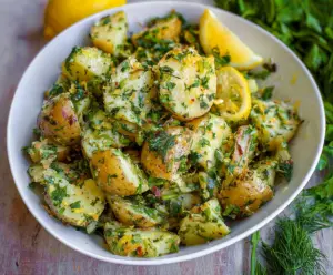 Fresh Lemon Herb Potato Salad served in a bowl, garnished with chopped herbs and lemon slices.