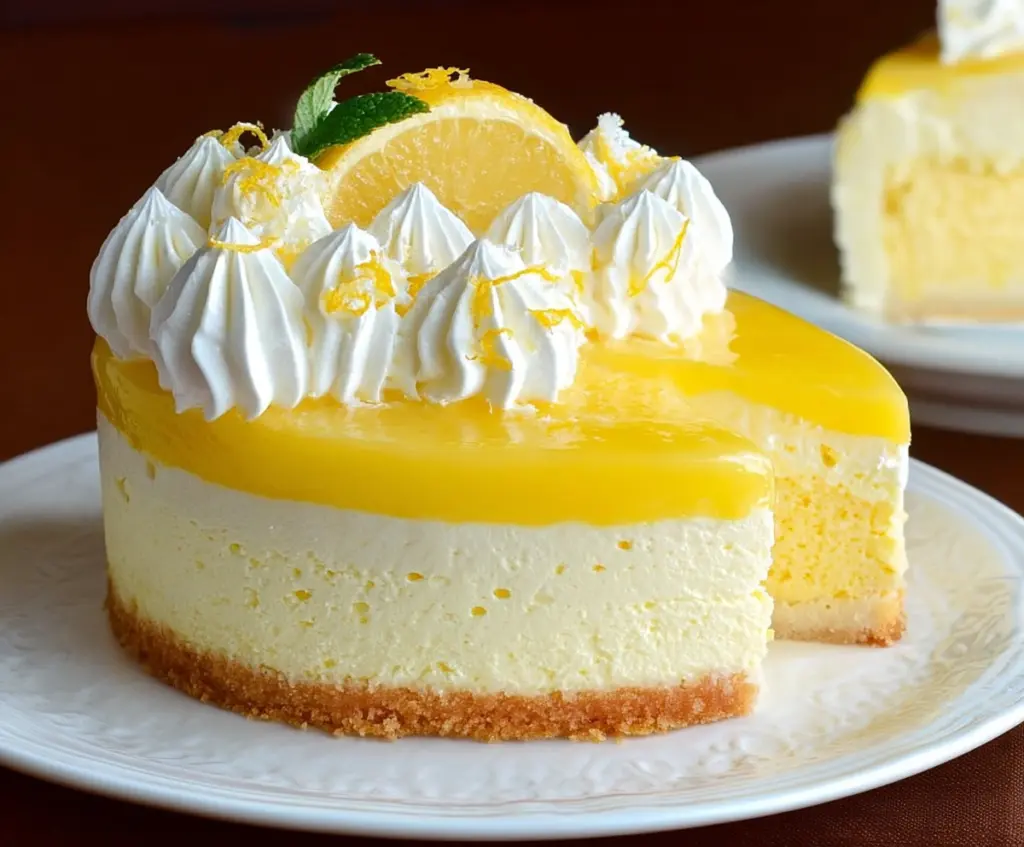 Delicious Lemon Mousse Cake garnished with fresh lemon slices and mint leaves