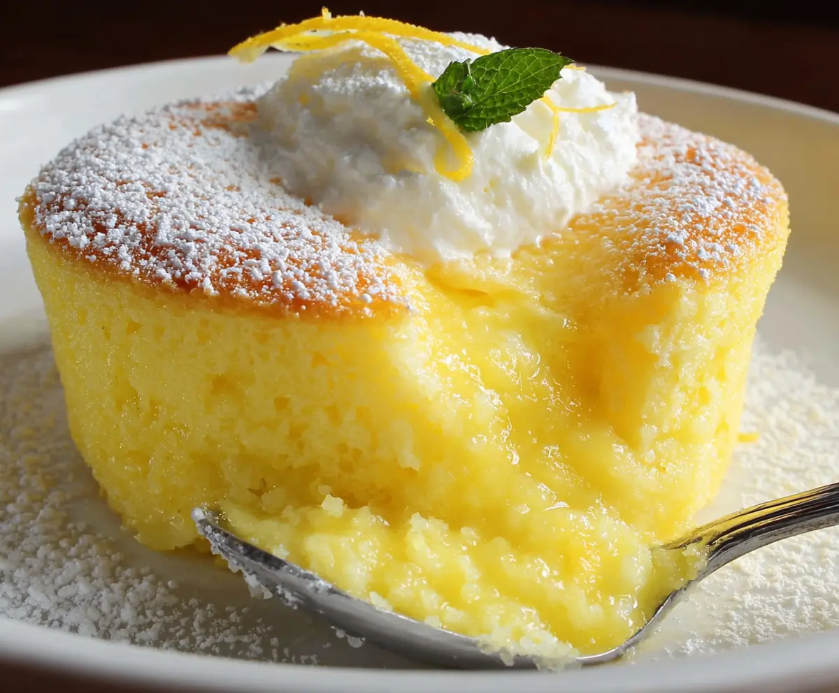 Delicious Lemon Pudding Cake topped with fresh lemon slices and whipped cream.