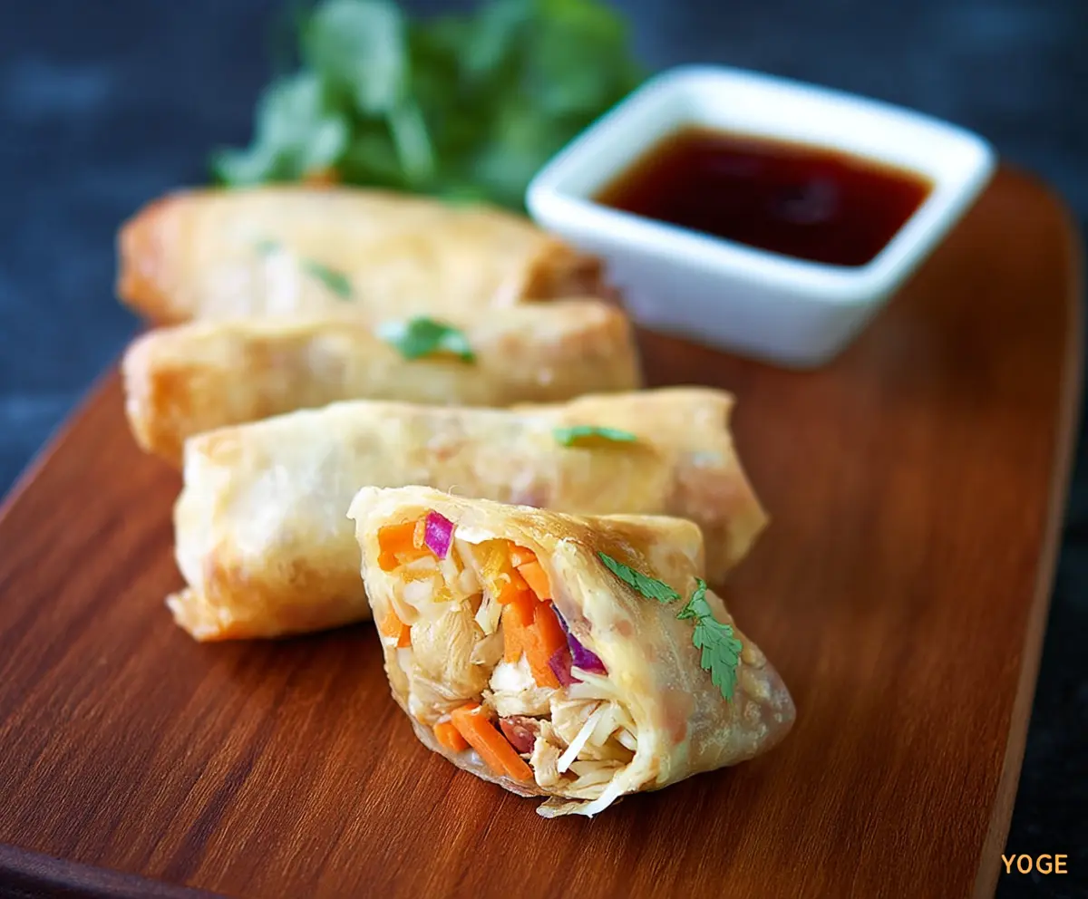 Crispy Lo Mein Spring Rolls filled with savory noodles and vegetables, served with a dipping sauce.