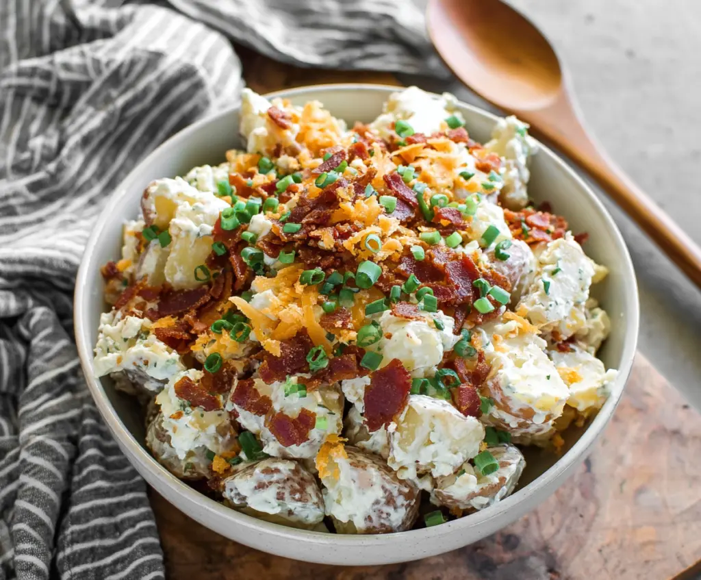 Creamy loaded potato salad with cheese, bacon, and green onions served in a bowl.