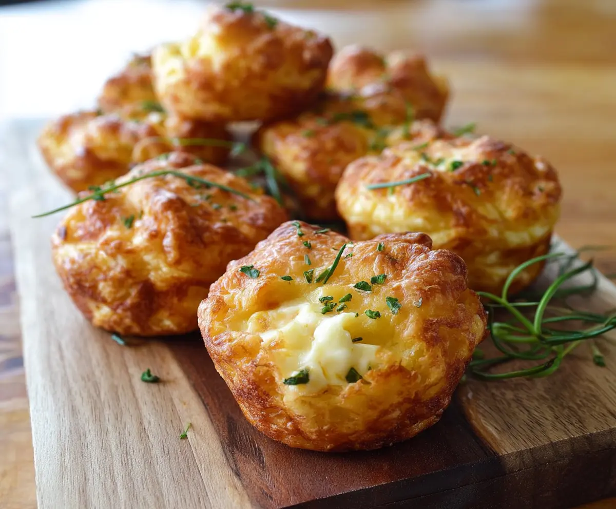 Delicious mashed potato cheese puffs garnished with herbs on a rustic plate