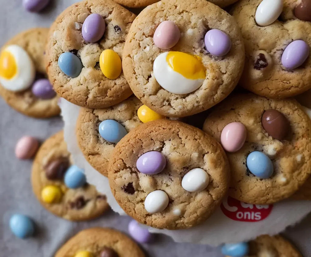 Delicious mini egg cookies with colorful candy toppings on a baking sheet