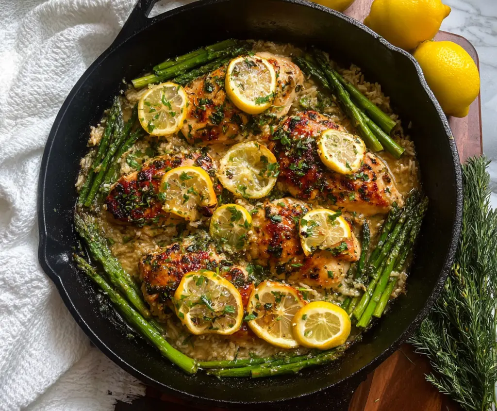 Delicious one-pan lemon herb chicken with fresh asparagus, perfect for a quick and healthy meal.