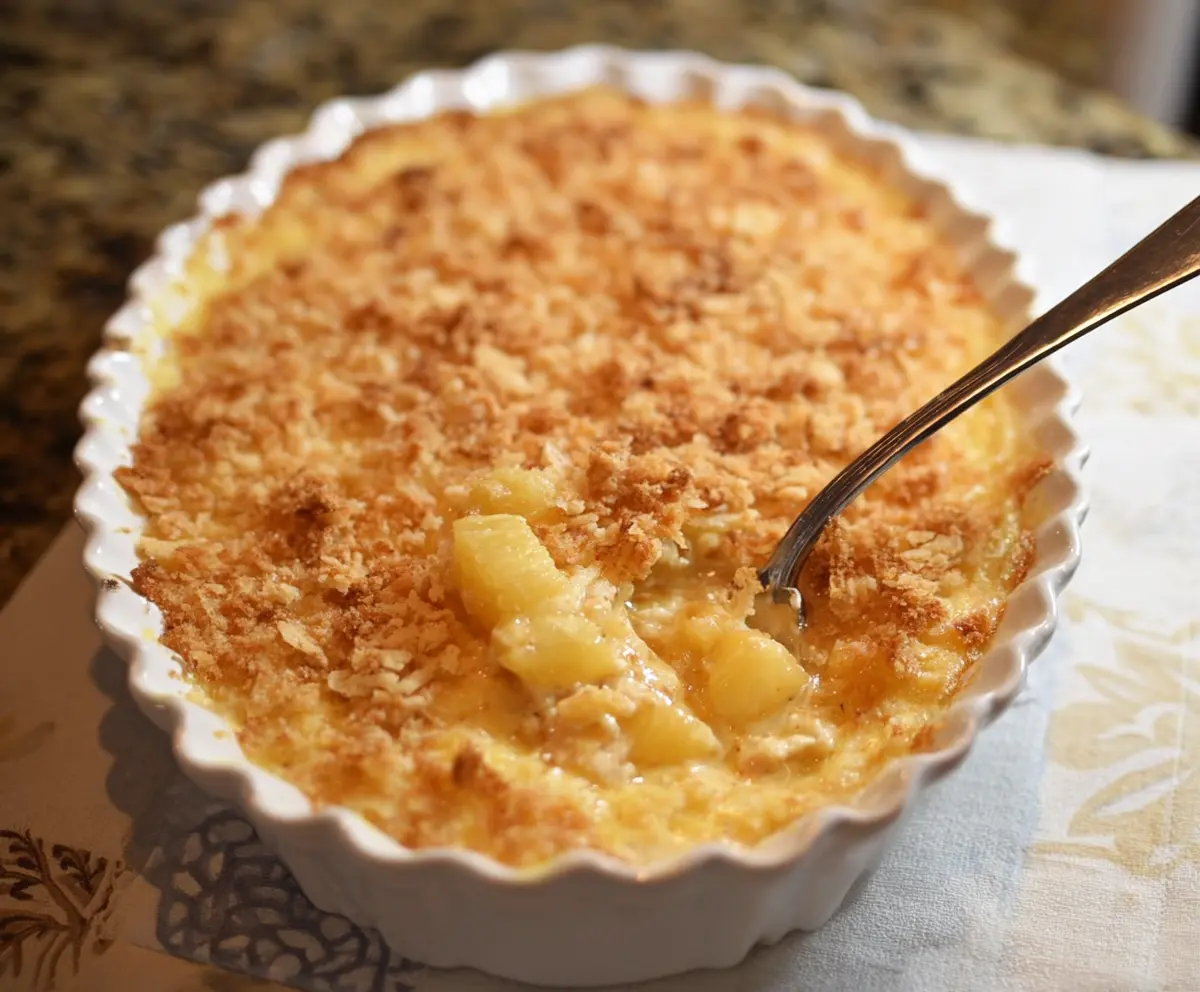 Delicious pineapple cheese casserole topped with golden melted cheese and fresh pineapple chunks.