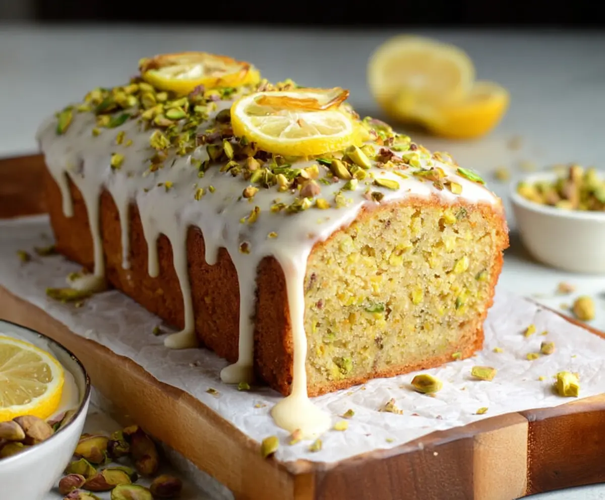 Delicious pistachio lemon pound cake slice on a plate with vibrant lemon zest garnish