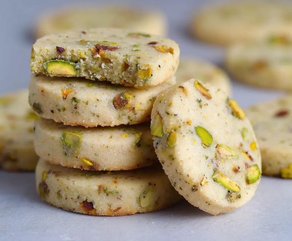 Delicious pistachio shortbread cookies on a white plate, showcasing a buttery texture and vibrant green pistachio bits.