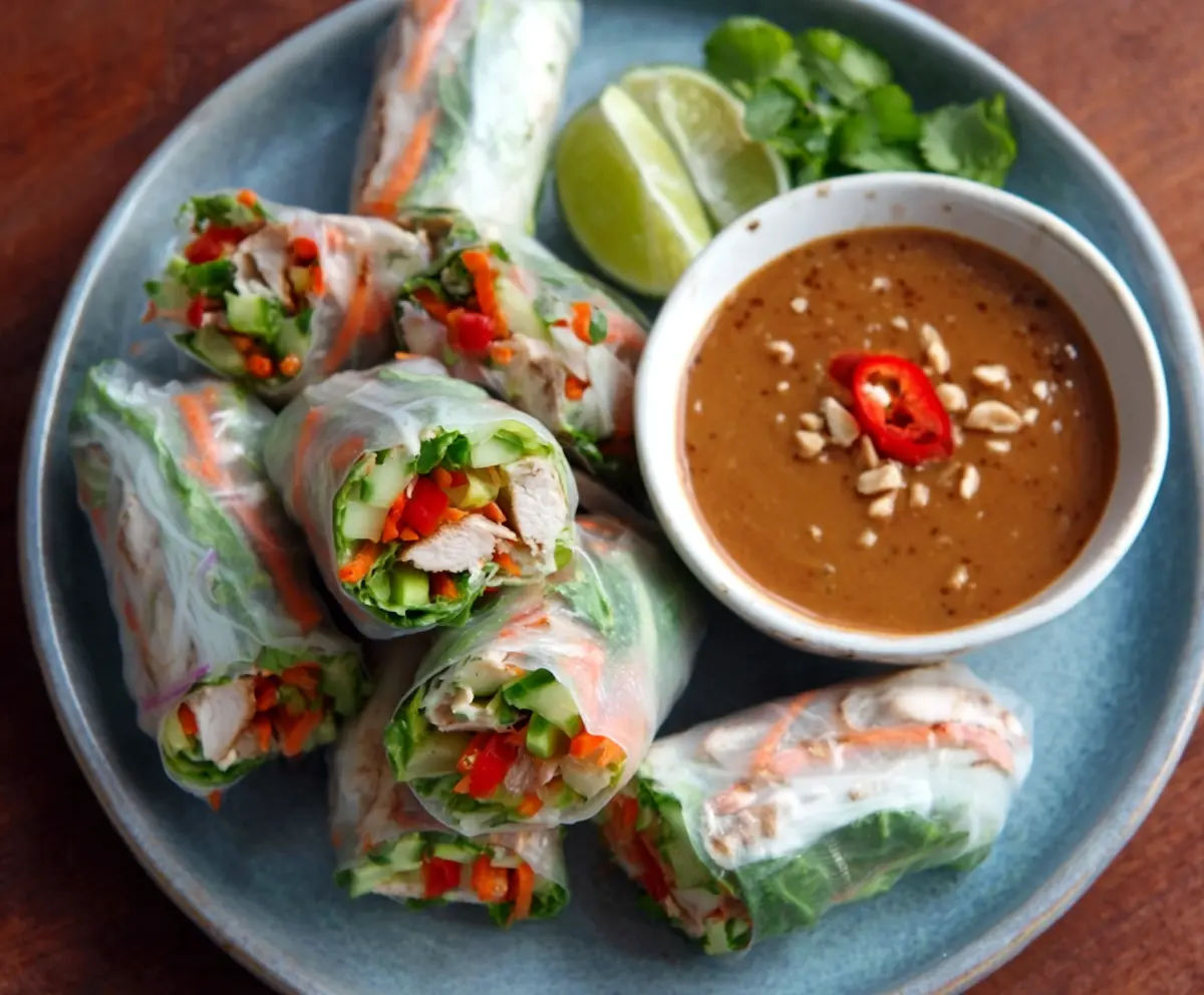 Crispy pork spring rolls served with a tangy peanut lime sauce on a white plate.